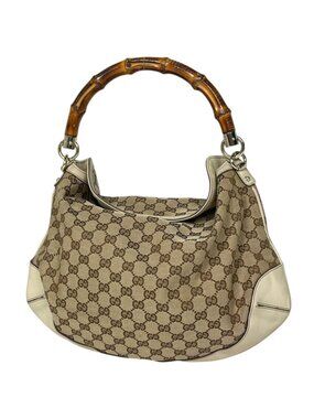 Gucci Shoulder Bag GG Pattern Bamboo Canvas Beige White